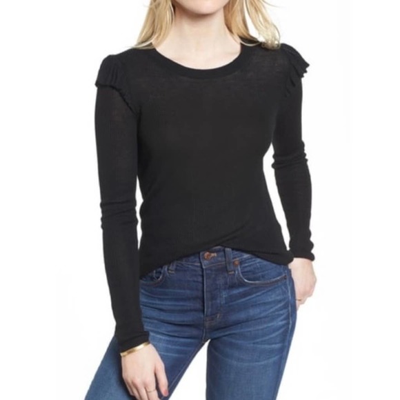 Madewell Sweaters - MADEWELL Sweater Womens Small Black Ruffle Sleeve Pullover Crew neck Ribbed